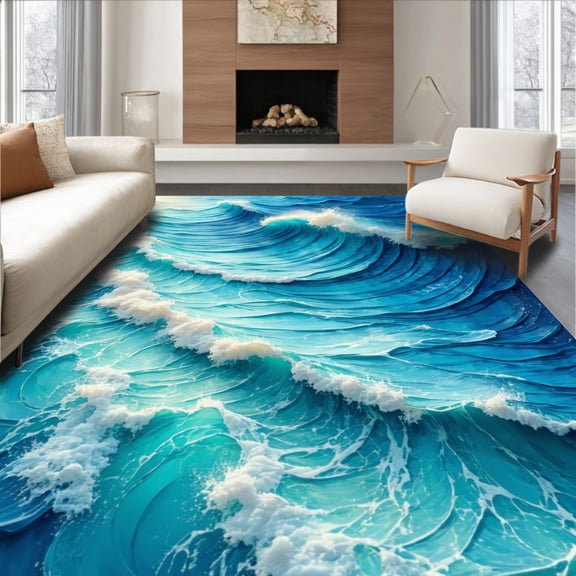 ODIKA 4x6 Machine Washable Non-Slip Area Rug, Oceanic High Traffic Rug, Blue, 2980