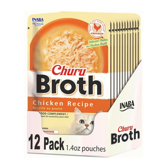 Bouillon INABA Churu pour chats, recette au poulet – Bouillon crémeux enrichi de vitamine E avec vrai poulet effiloché, 12 sachets de 40 g