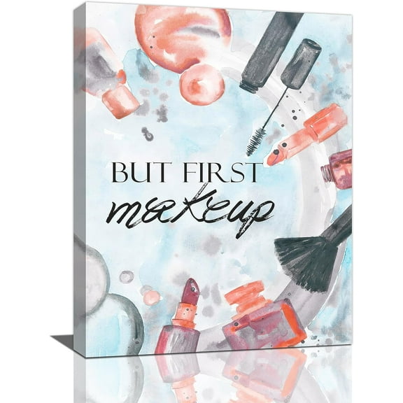 Fashion Makeup Decor Wall Art But First Makeup Sign Lipsticks Beauty Salon Blue Pictures Wall Decor Canvas Painting Prints Artwork Home Decor Framed for Women Girl Room Bathroom Bedroom 12"x16"