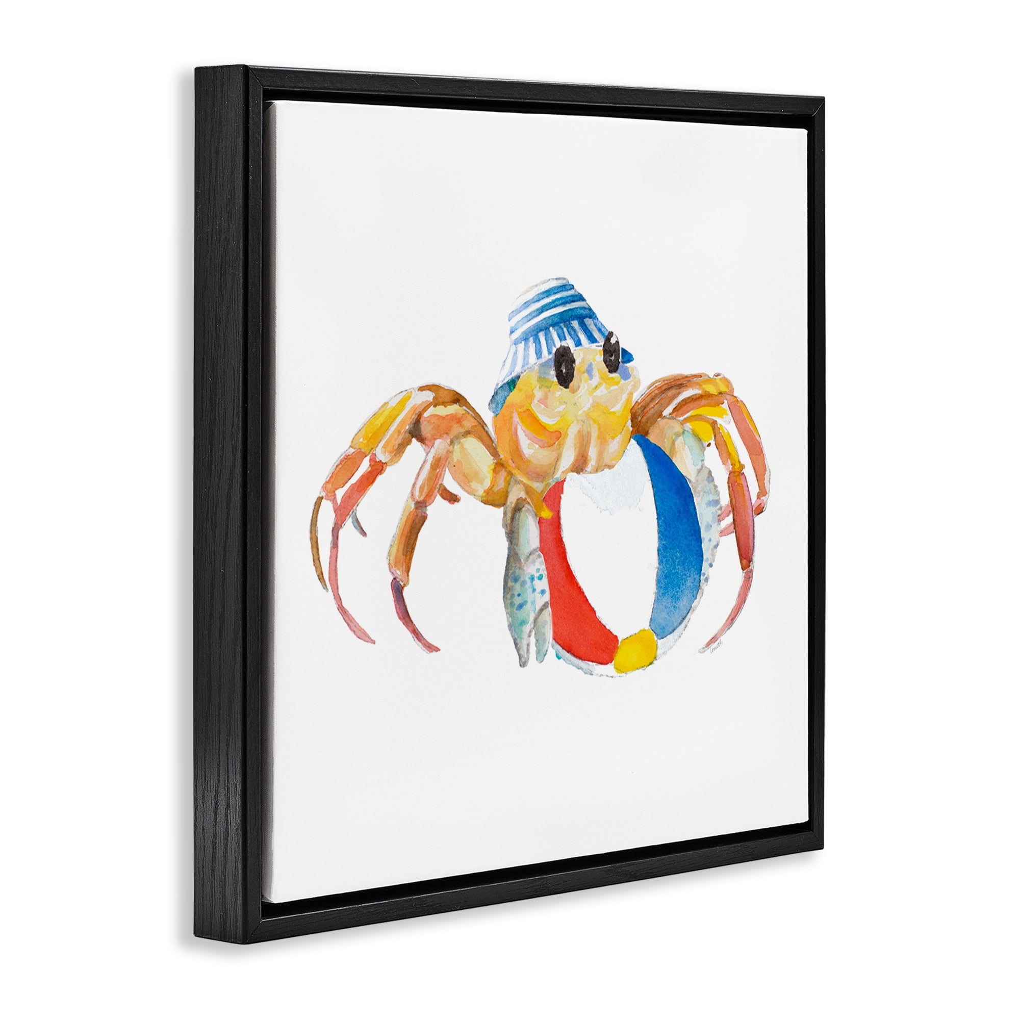 Stupell Industries Beach Ball Crab Novelty Painting Black Floater Framed Canvas Art Print Wall Art, 18 x 18