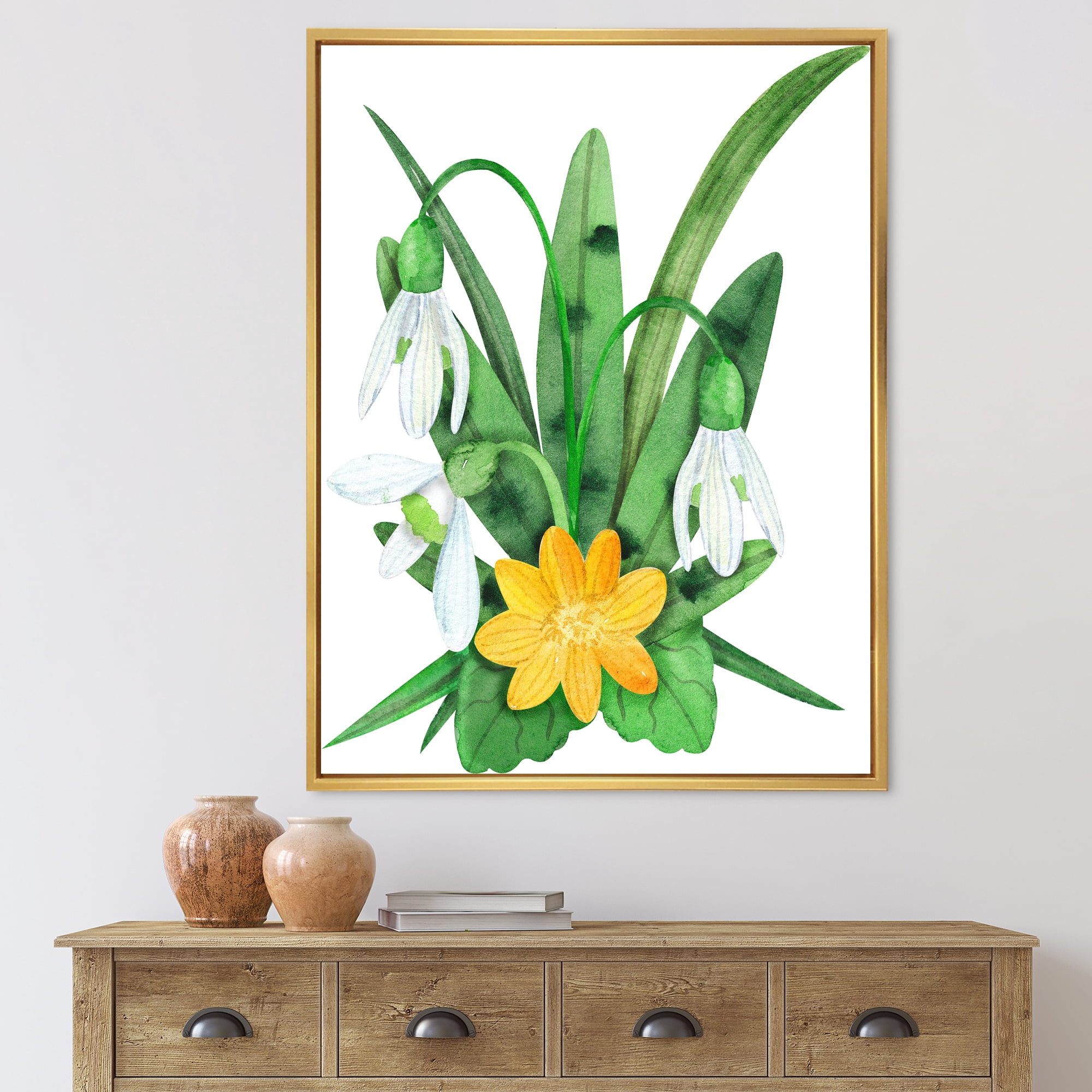 Snowdrops and Yellow Erantis VIntage Flowers 30 in x 40 in Framed Painting Canvas Art Print, by Designart