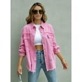 thumbnail image 5 of Ripped Raw Edge Oversized Denim Jacket, Distressed Collar Long Sleeves Denim Coat, Flap Pockets Single-breasted Button Up Loose Denim  Jacket, Women's Denim Jeans & Clothing, 5 of 8
