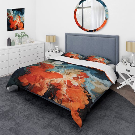 Designart "Liquid Ink Waves Blue and Orange Fusion IV" Abstract Painting Bedding Covert Set - Abstract Blue Modern Bed Set With 2 Shams