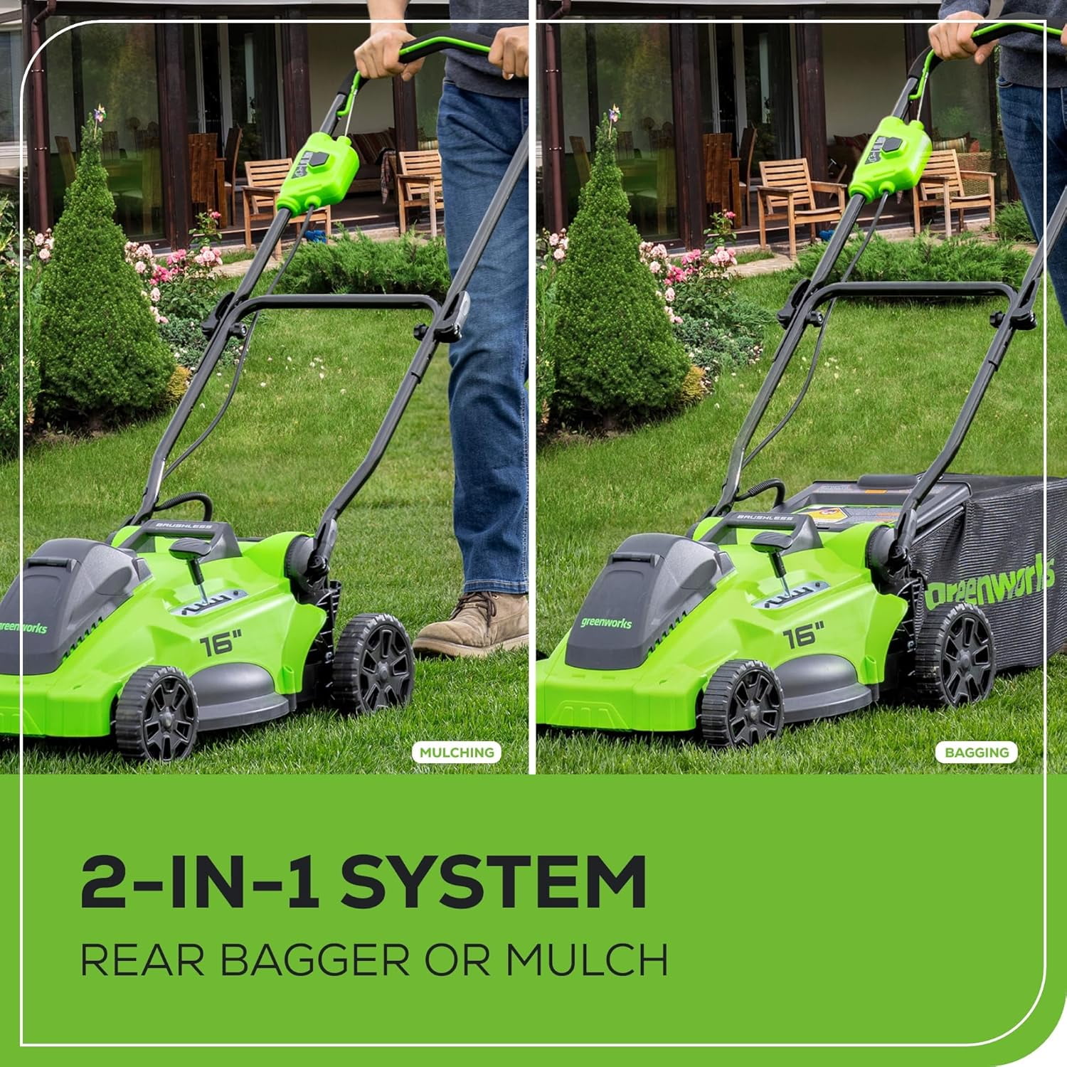 Greenworks 40V 16" Brushless Lawn Mower + Blower (350 CFM) + 13" String Trimmer (Bonus Spools), 4.0Ah + 2.0Ah Battery and Charger Included