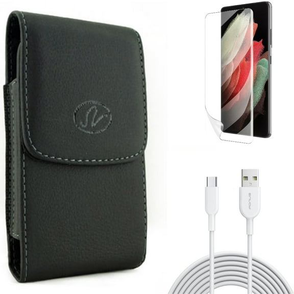 Matte Screen Protector & Case Belt Clip & 6ft USB-C Cable for Samsung Galaxy S22 Plus (S22 ) - Combo TPU Film Anti-Glare & Leather Holster Cover & Type-C Fast Charger Cord