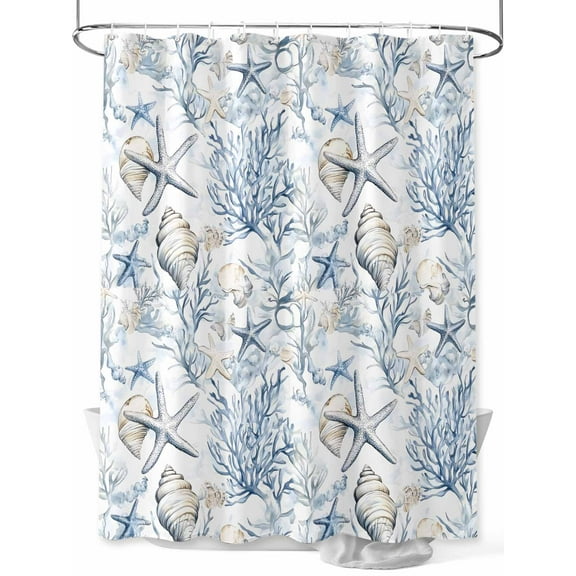 Fsddascl Blue Coastal Shower Curtain Set - 48" x 72" Washable Bathtub Curtain with 12 Hooks, Ocean Coral Starfish Conch Sea Watercolor Waterproof Fabric Stall Shower Curtains for Bathroom/Bathtub