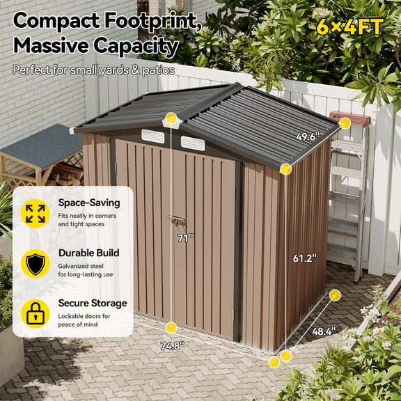 6x4FT Gable Roof Outdoor Metal Storage Shed, Lockable Double Door Garden Tool Shed with Vents, Sturdy Coated Steel Utility Building for Backyard Patio Storage