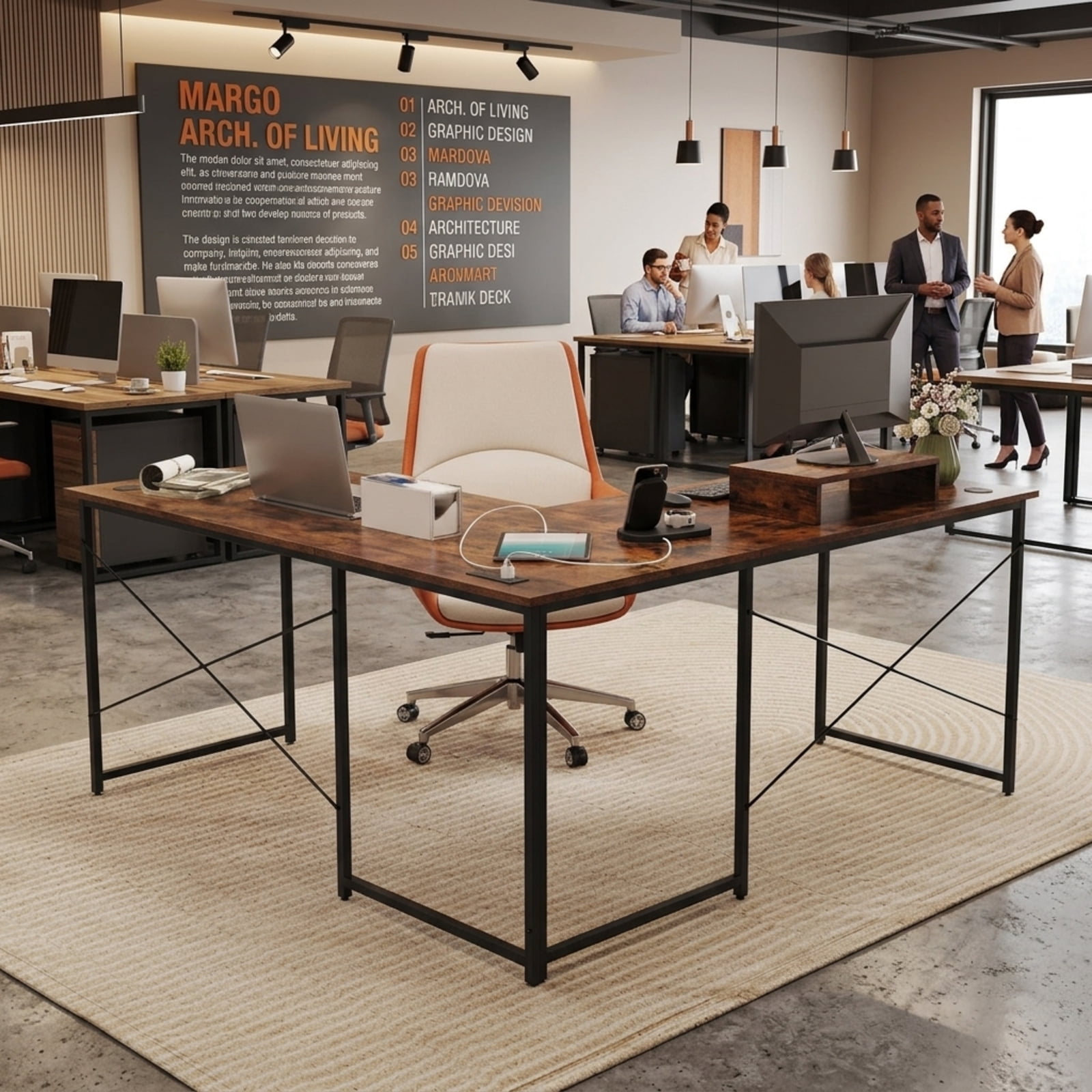 Furnibear 95 Inch 2-Person L-Shaped Reversible Computer Desk with Monitor Stand and Cable Holes for Home Office and Study, Rustic Brown