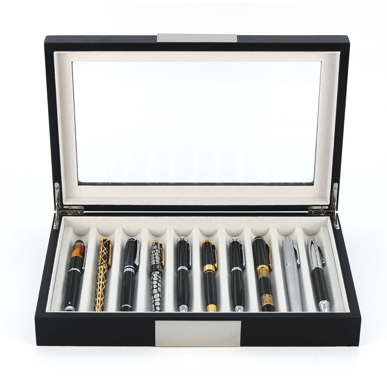 Lifomenz Co Wood Pen Display Box 10 Pen Organizer Box,Glass Pen Display Case Storage Box with Lid,Top Glass Window Pen Collection Display Case LMPB 10 EB 