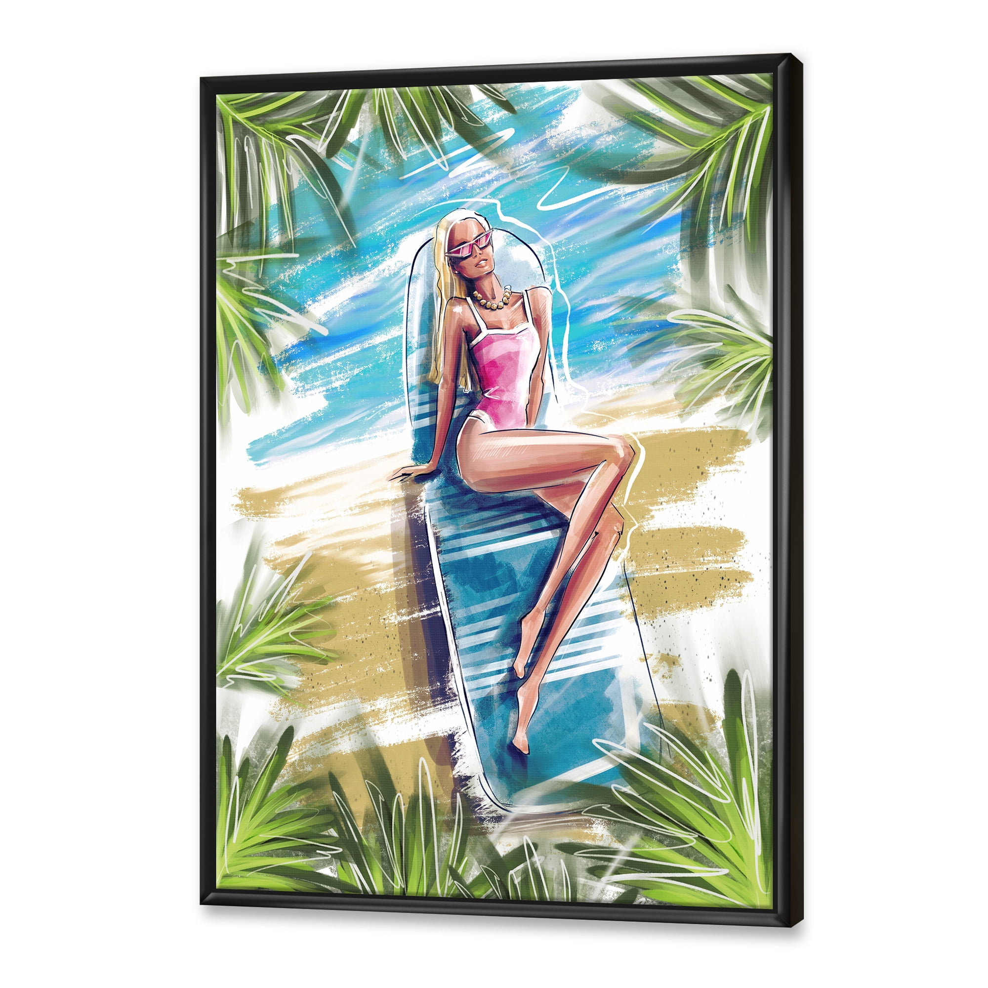 Designart 'Portrait Beautiful Blond Model At The Beach Sunbathing' Nautical & Coastal Framed Canvas Wall Art Print