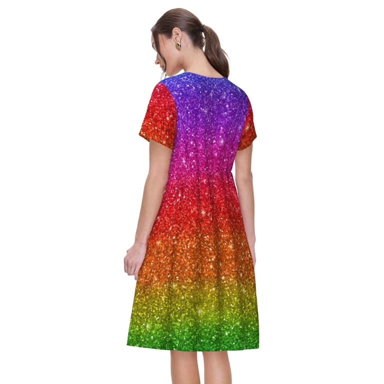 Horeoi Rainbow Glitter Print Women's Short Sleeve Dress Breathable Polyester-Spandex All-Over Print A-Line Side Pockets Elastic Waist, Size: Medium