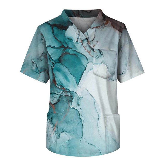 Men's Printed Short Sleeve V-neck Tops Working Pocket Blouse S