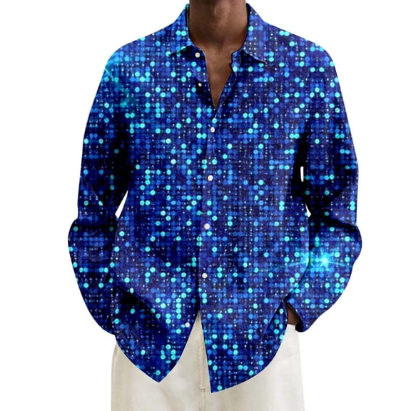CONZONE Mens Buttons Down Shirts Long Sleeve Shirts For Men Trendy Carnival Sequins Graphic Lapel Soft Lightweight Tops