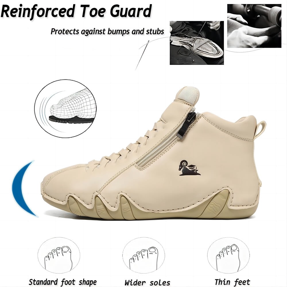 Men's Casual Loafers Leather Hand-stitched Lightweight Non-Slip Breathable Hiking Outdoor Soft Flat Boots Mid-Top Shoes Beige 9.5 US