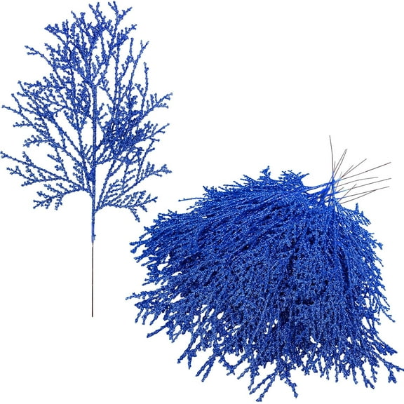 15 Pcs Blue Artificial Cedar Glitter Sprays Picks Faux Cedar Branches Stems Christmas Floral Picks 15.4" H for Christmas Tree Wreath Swag Winter Seasonal Floral Arrangement Holiday Decor