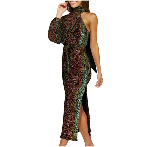IROINNID Long Dress for Women Formal Wedding Guest Formal Dress Sequin Design Scarf Slit Evening Gown Single Shoulder Bead Skirt,Multicolor