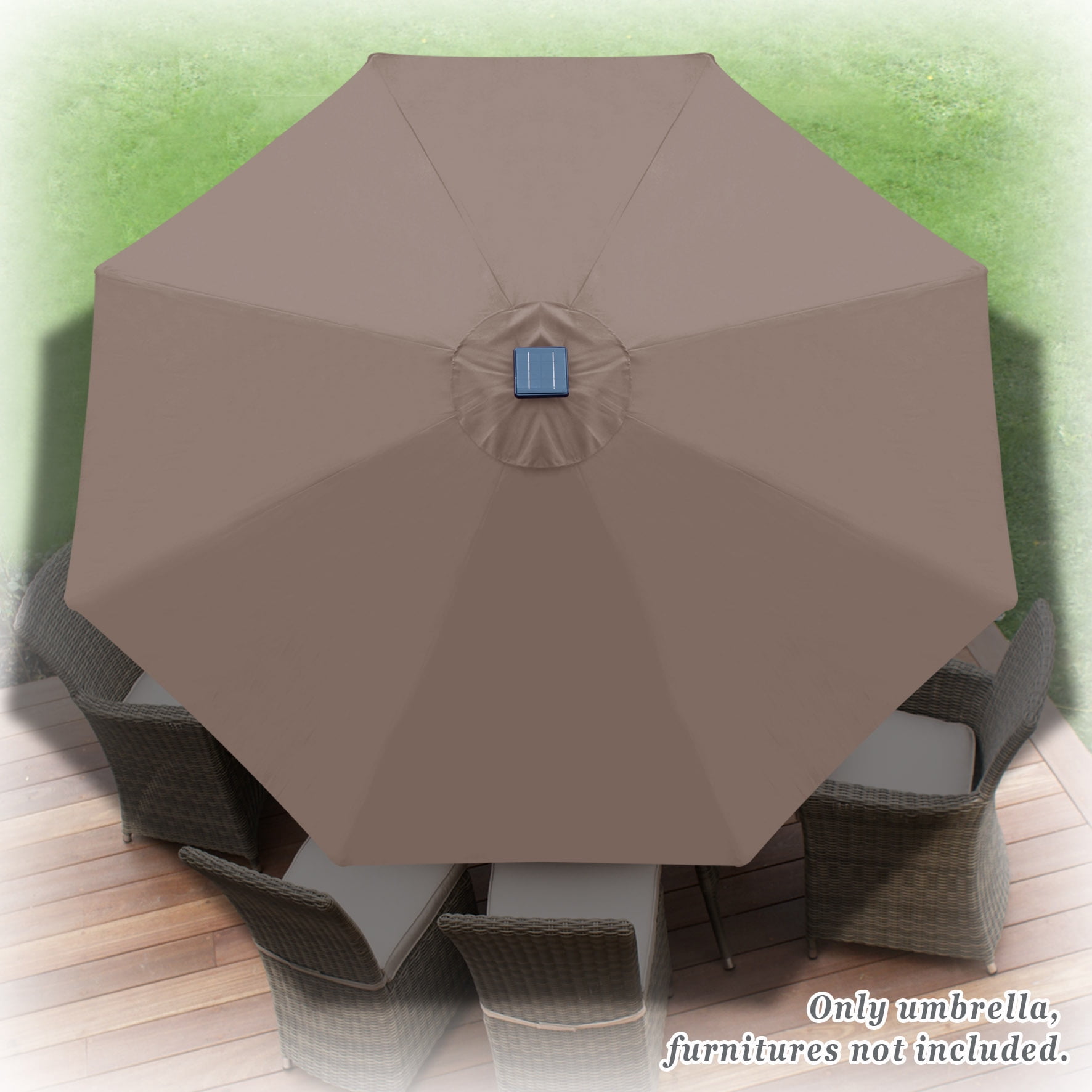 Sunny 9' Aluminum Solar Powered Patio Umbrella 24 LED Light Parasol Sunshade with Crank (Taupe)