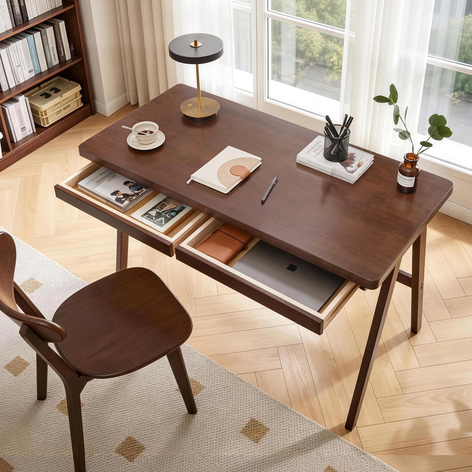 100% Solid Rubber Wood Computer Desk, Retro Walnut Writing Desk with Drawer, Sturdy A-Frame Leg, 39.37"x21.62", 1.38" Extra Thick Home Office Study Table
