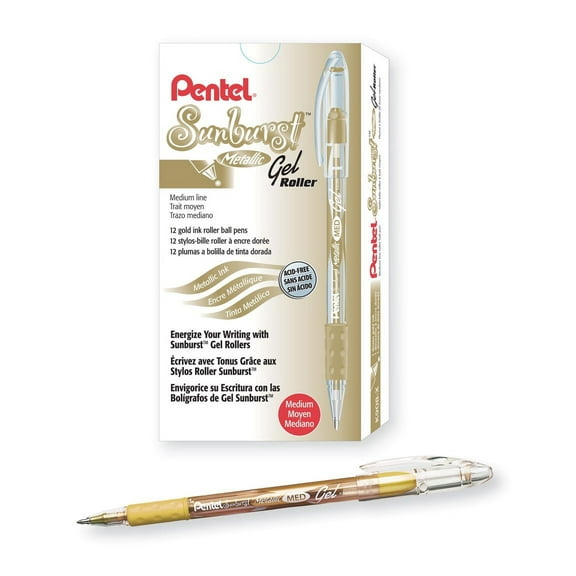 Pentel Sunburst Metallic Gel Pen, Medium Tip, Gold/Transparent Barrel, Gold Ink, Box of 12 (K908-X)