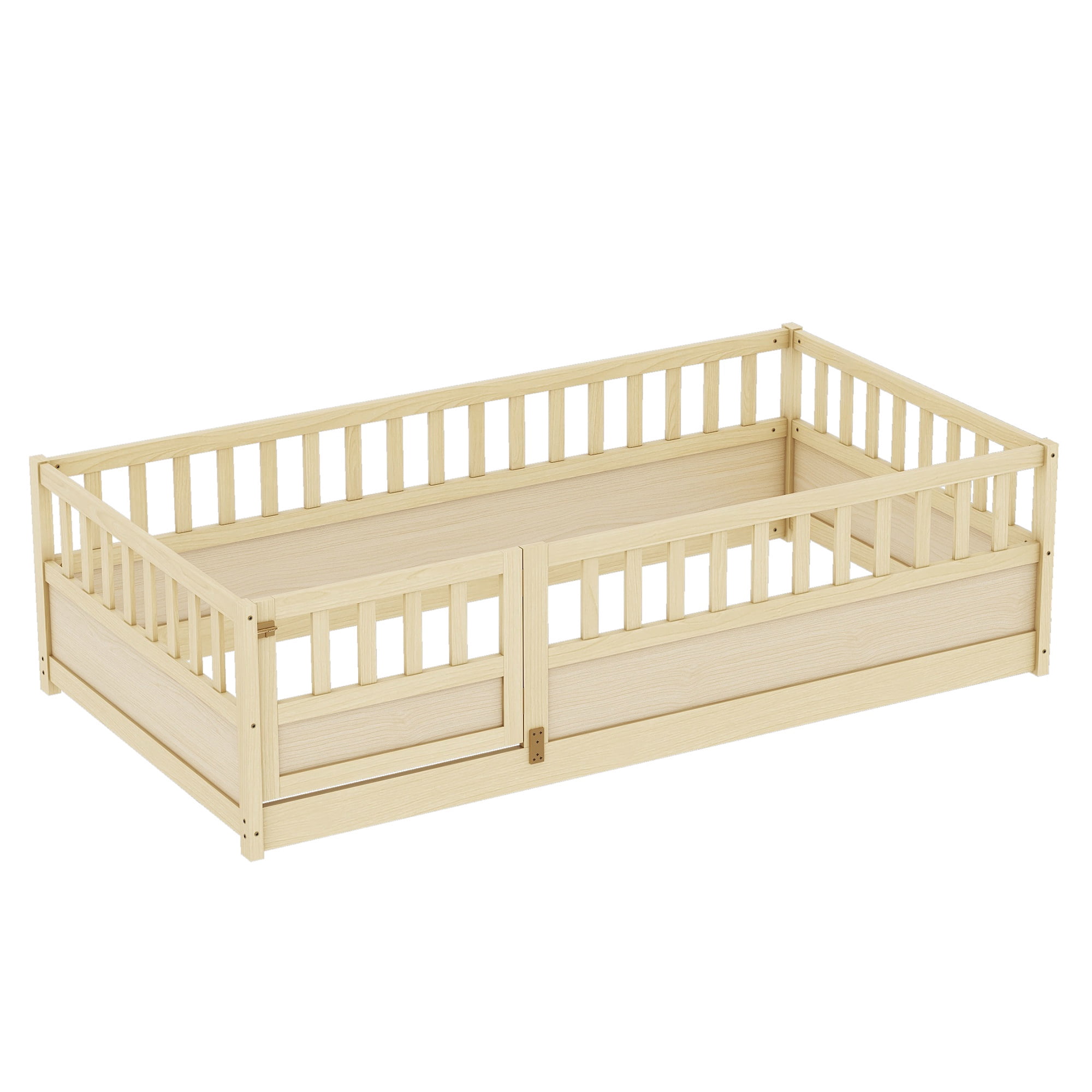 PORKISS Twin Montessori Floor Bed Frame, Low Kids Bed with High Rails, Wooden Toddler Bed with Built-in Door, No Box Spring Needed, No Slats, Safe Sleeping Space for Children, Natural