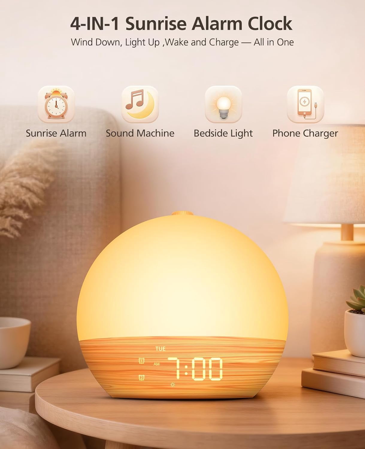 Klamerit Sunrise Alarm Clock with Sound Machine with 30 Soothing Sounds, 17 Night Lights, Bluetooth Speaker Wake Up Light Alarm Clocks for bedrooms, Heavy Sleepers