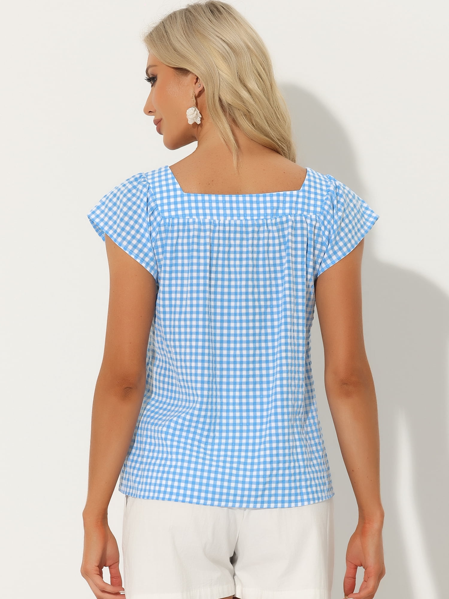 DARING DIVA Women's Summer Square Neck Gingham Cap Sleeves Blouses XL Blue