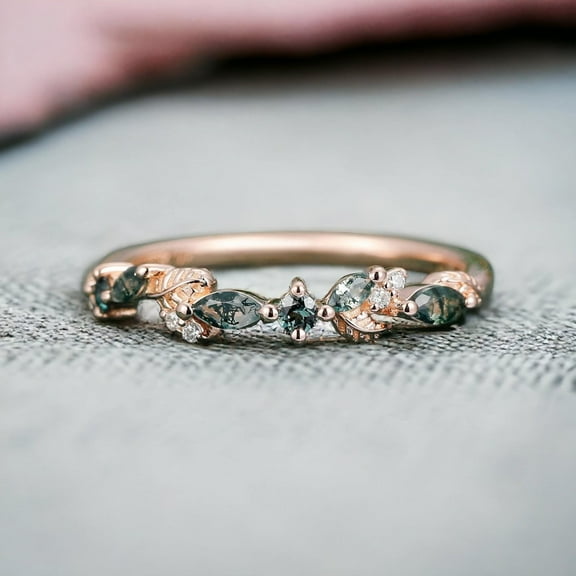 thejewelryart Leaf Vine Moss Agate Wedding Band Marquise Alexandrite, Moissanite Dainty Promise Ring Bridal Jewelry for Her Silver 3
