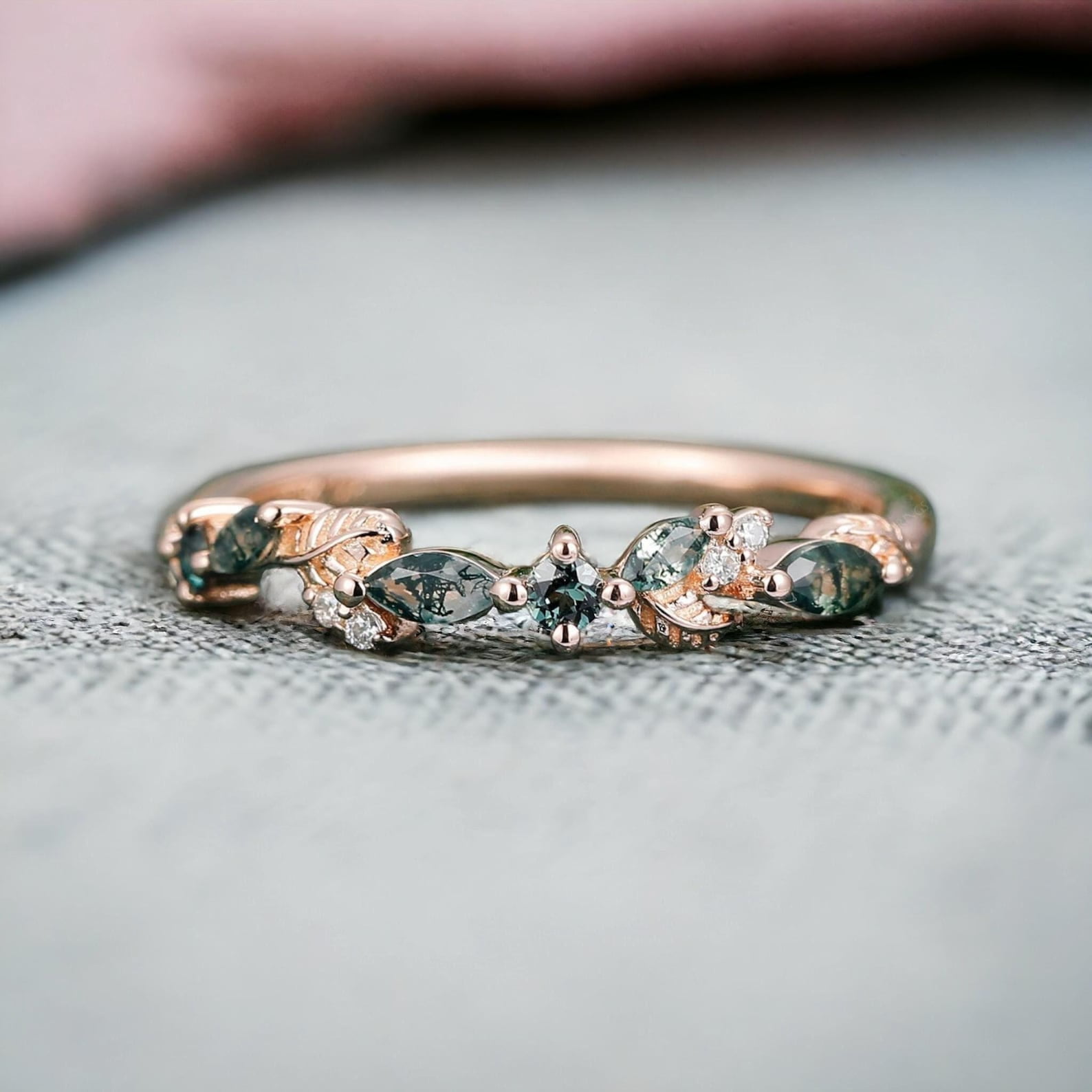 thejewelryart Leaf Vine Moss Agate Wedding Band Marquise Alexandrite, Moissanite Dainty Promise Ring Bridal Jewelry for Her Silver 3