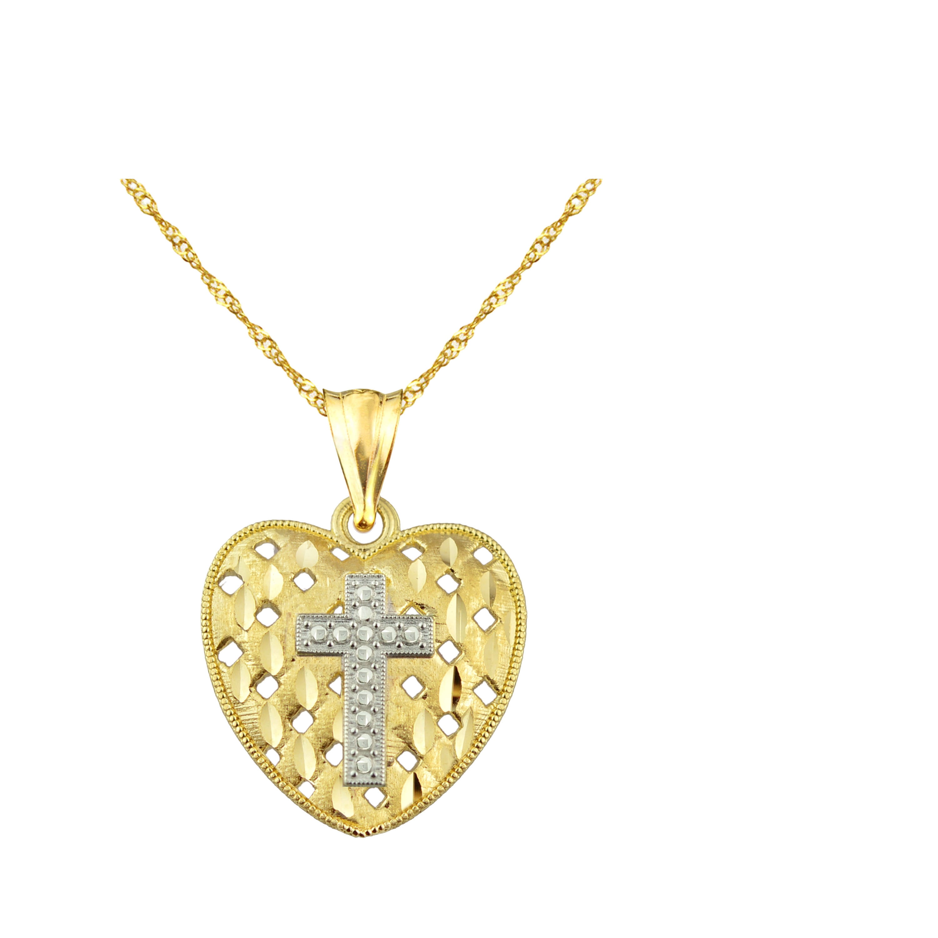 Handcrafted 10kt Gold Diamond-Cut Heart With Cross Charm Pendant