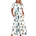 thumbnail image 1 of Penkiiy Robe à Manches Courtes Imprimé Plumes pour Femmes Robe Longue Ample Décontractée d'Été Fluide à Volants avec Poches m Blanc, 1 of 6