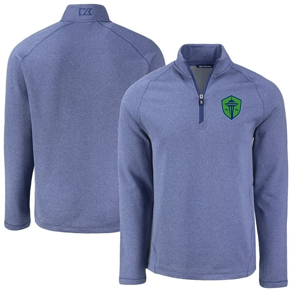 Men's-Cutter & Buck  Heather Blue Seattle Sounders FC Peshastin Eco Fleece Recycled Raglan Half-Zip Top