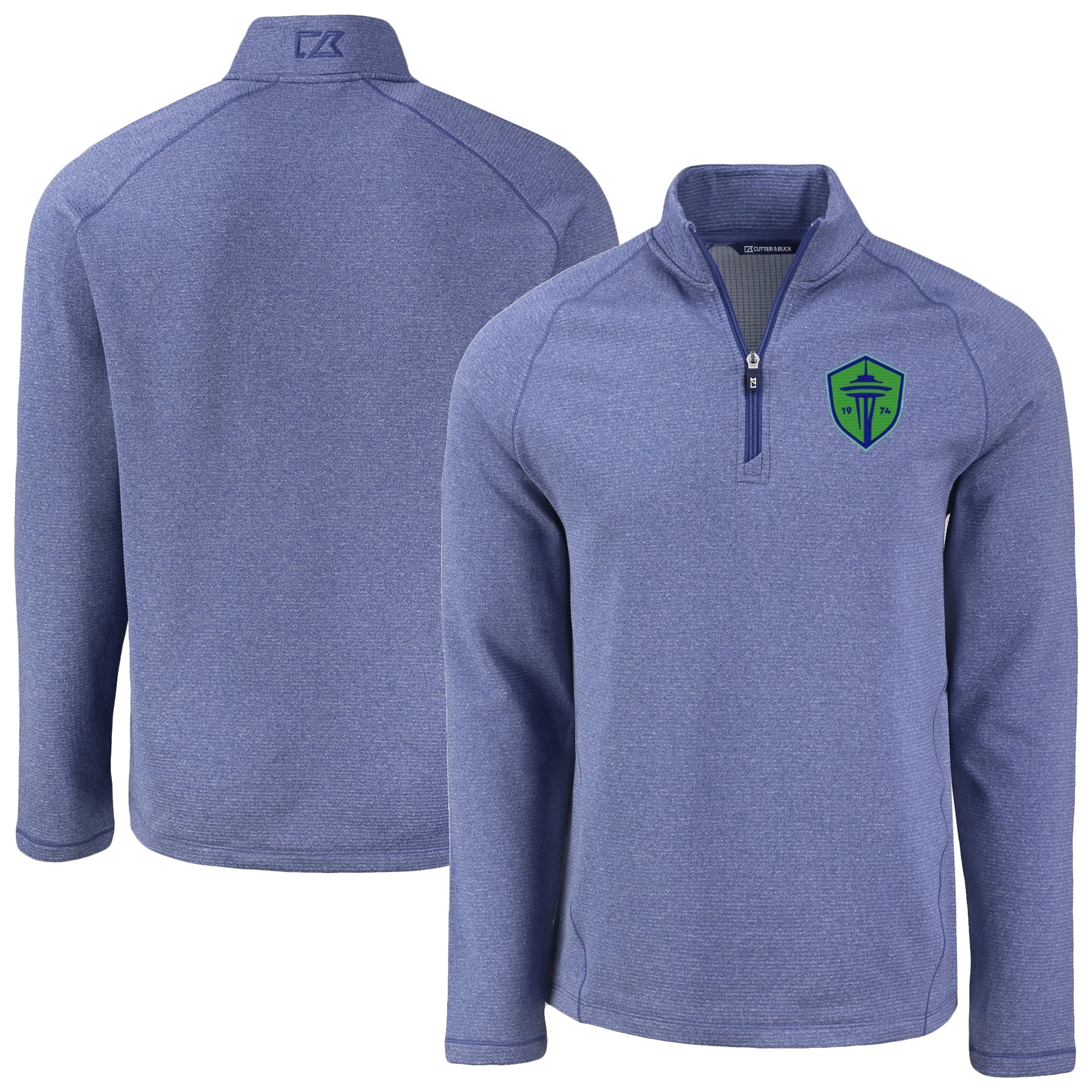Men's-Cutter & Buck Heather Blue Seattle Sounders FC Peshastin Eco Fleece Recycled Raglan Half-Zip Top