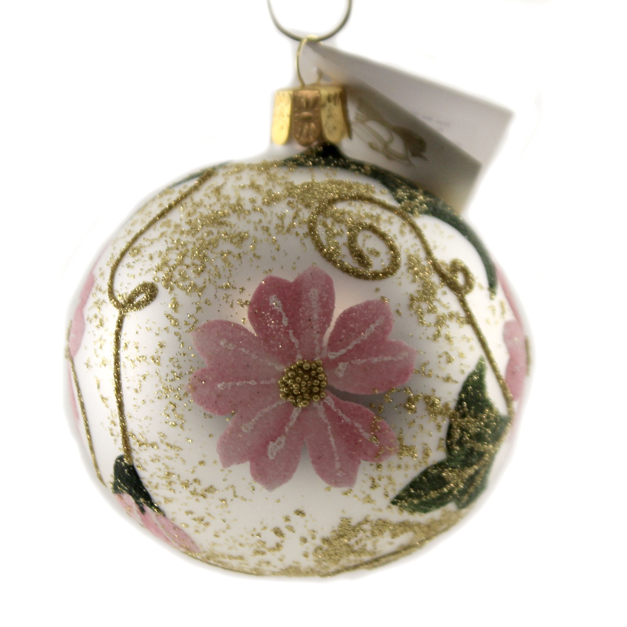 Golden Bell Collection White Ball With Pink Flowers Ornament Christmas