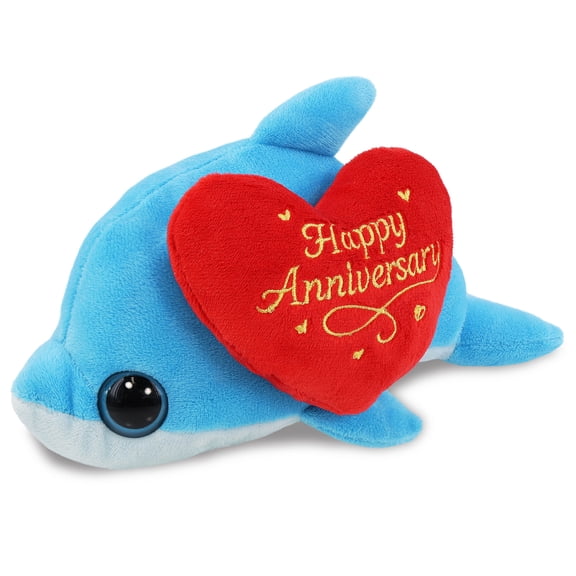 DolliBu Big Eye Dolphin Stuffed Animal with Happy Anniversary Red Heart Plush - Soft and Cuddly Ocean Animal Dolphin Plush Toy Gift for Couples or Friends - 8 Inches