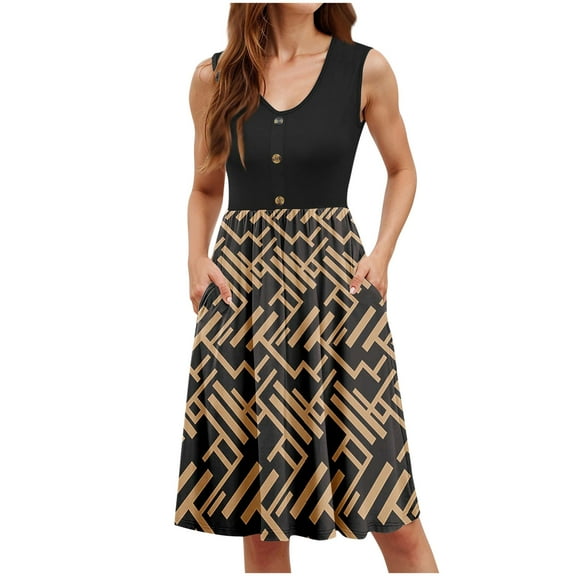 SYMOID Womens Summer Fashion Geometric Printed Button Pocket Sleeveless V-Neck A-Line Knee-Length Casual Dress,Brown,Size L