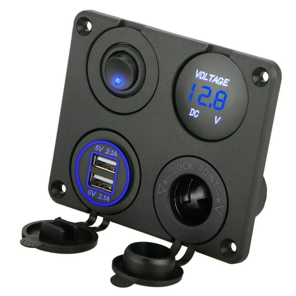 4 in 1 Charger Socket Panel, 12V 4.2A Dual USB Charger Socket Power Outlet & LED Voltmeter & Cigarette Lighter Socket & LED Lighted ON Off Rocker Toggle Switch for Car Marine Boat RV Truck,Blue