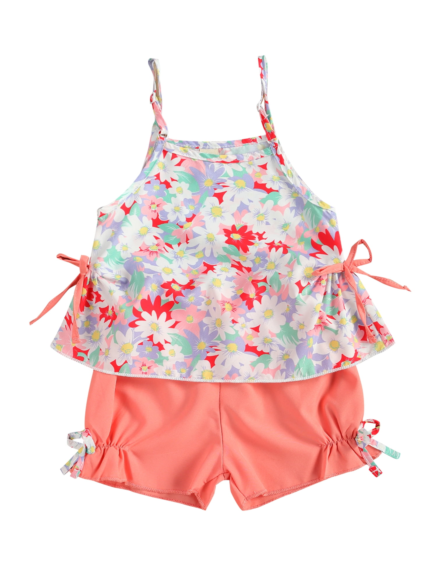 2PCS Toddler Baby Girls Floral Sleeveless Strappy Tops Floral Shorts Outfits Bandage Short Tops Set 