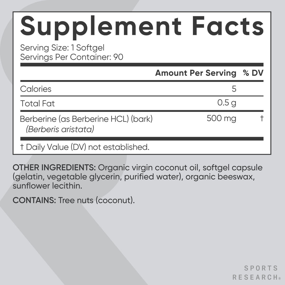 Sports Research® Berberine Coconut Oil Herbal Ayurvedic Metabolic Health Support 500mg (90 Softgels)