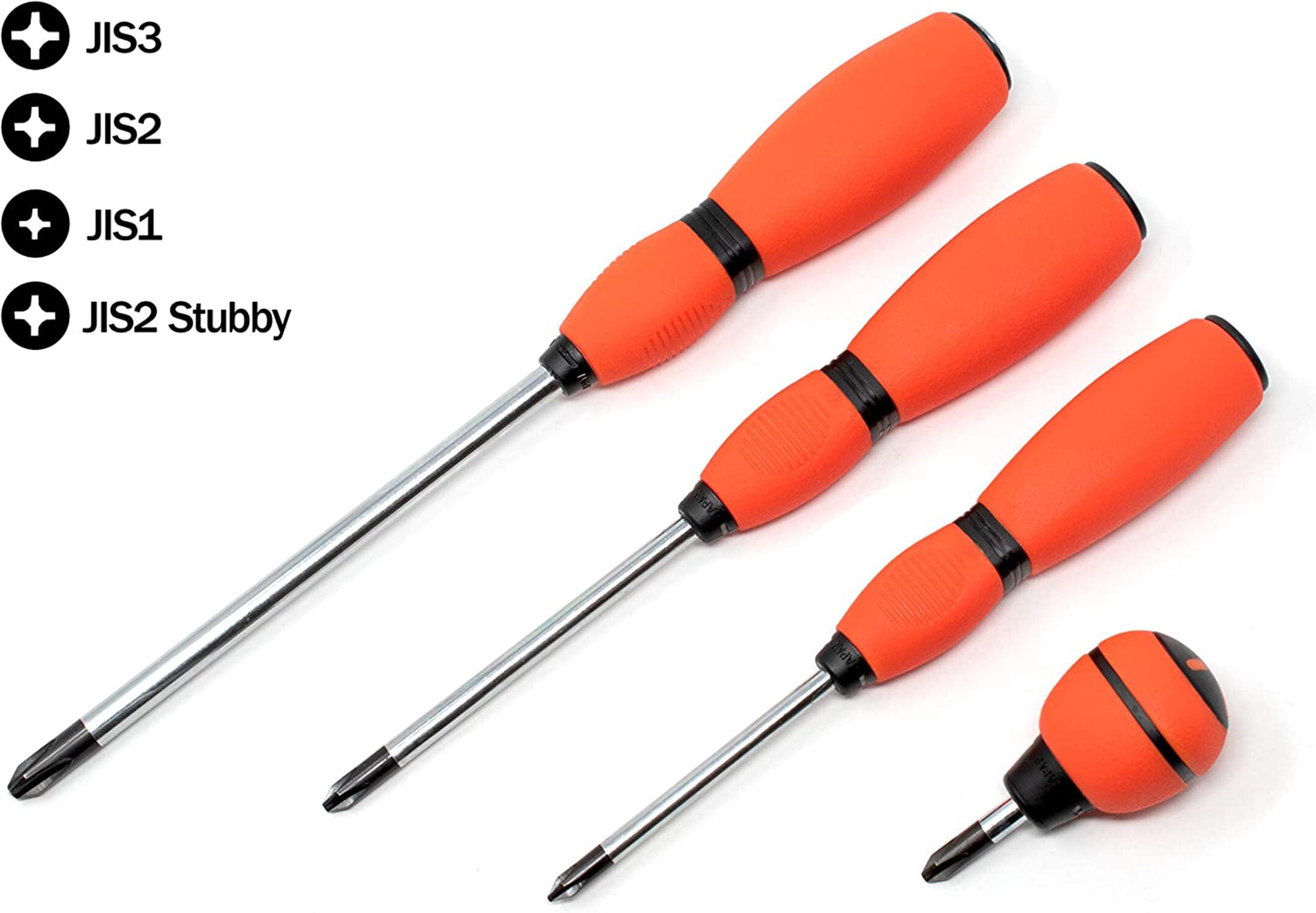 JIS (Japanese Industrial Standard) Screwdriver 4-Piece Set JIS No. #1, 2, Stubby #2, 3 Cross Point Soft Grip Rubber Handle Made in Japan Full-Size Full Tang Solid Shaft 0159-100/101/102/103