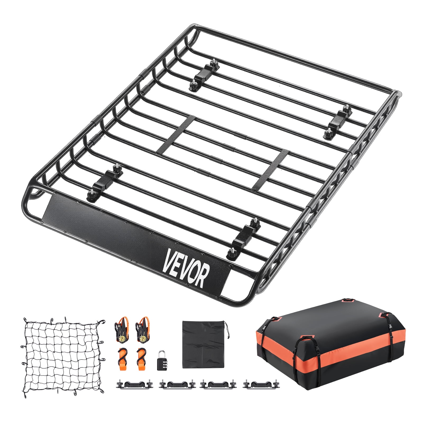 VEVOR Roof Rack Basket, 51 x 36 x 4.1 in, Universal Rooftop Cargo Carrier with 1120 x 870 x 260 mm Cargo Bag, Net, Ratchet Straps, 200 lbs Max Load Capacity Car Top Luggage Holder