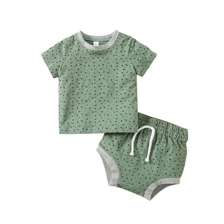 

Genuiskids Toddler Baby Girl Boy 2Pcs Summer Outfits Patchwork Pattern Printing Short Sleeve Round Neck T-Shirt High Waist Drawstring Short Pants