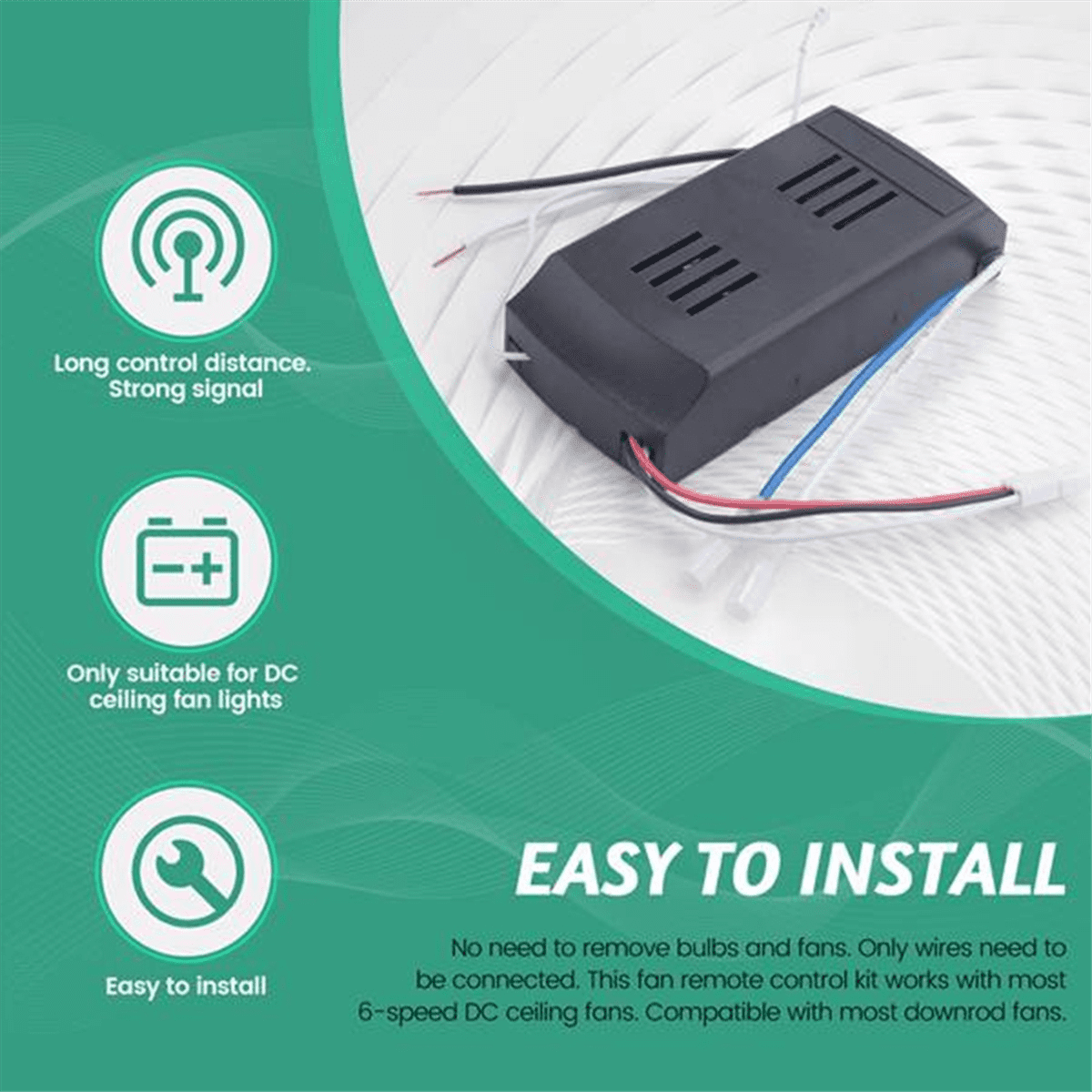 Universal Ceiling Fan Remote Control Kit 40W 6-Speed Timing Function Replacement for DC Fans & Lights