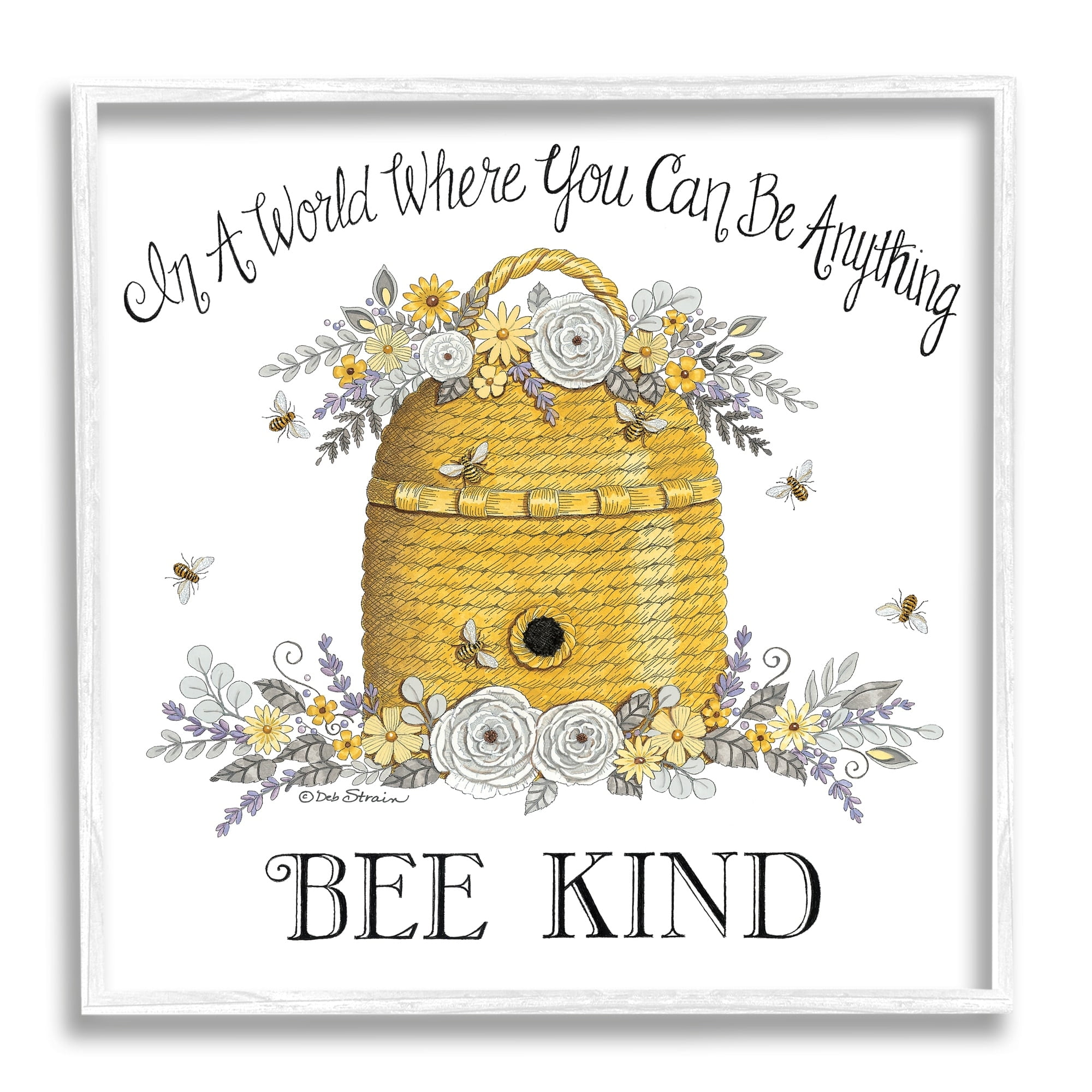 Stupell Industries Bee Kind Encouraging Phrase Floral Decorated Hive Graphic Art White Framed Art Print Wall Art, Design by Deb Strain