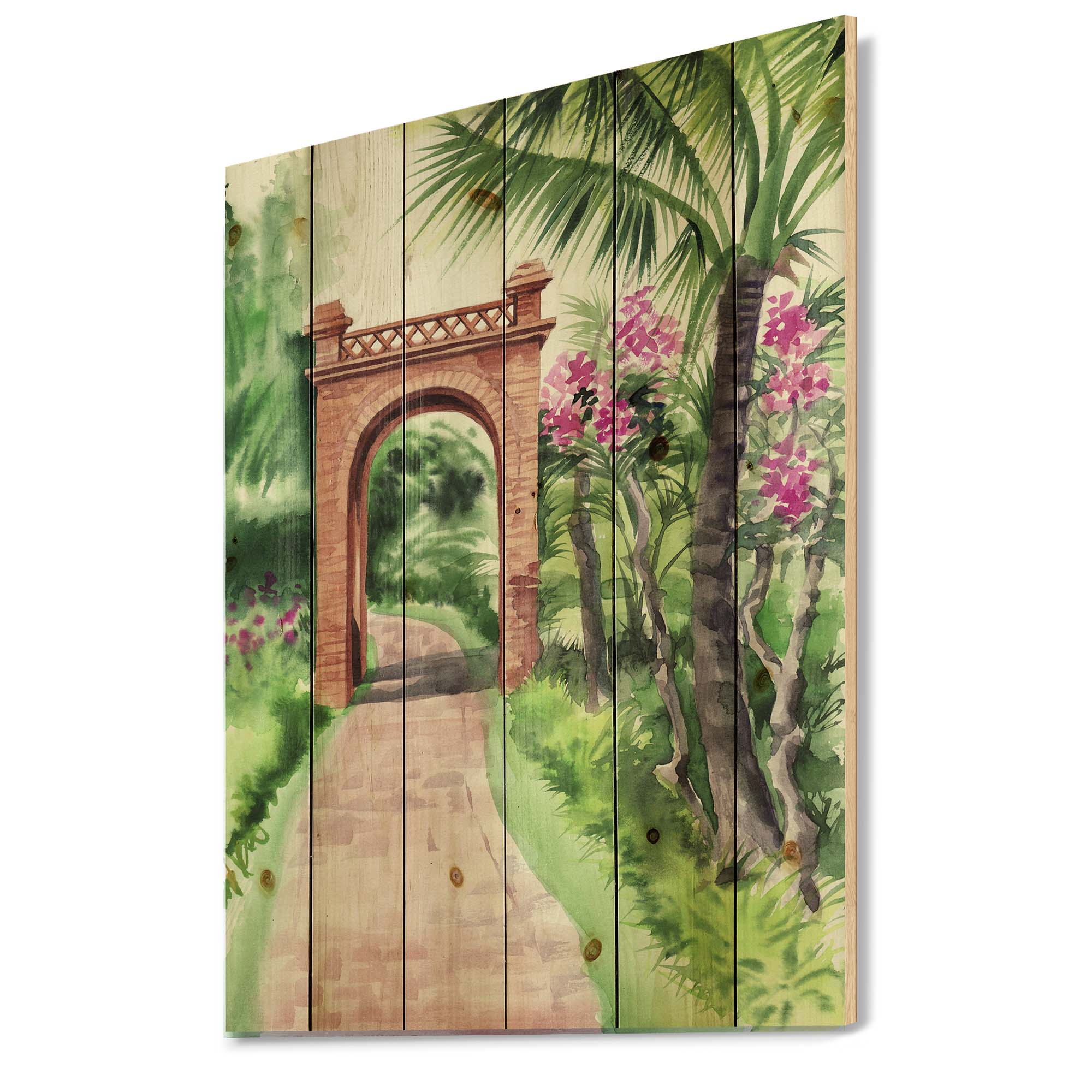 Designart 'Traditional Gate On Path In Tropical Oasis' Tropical Print on Natural Pine Wood