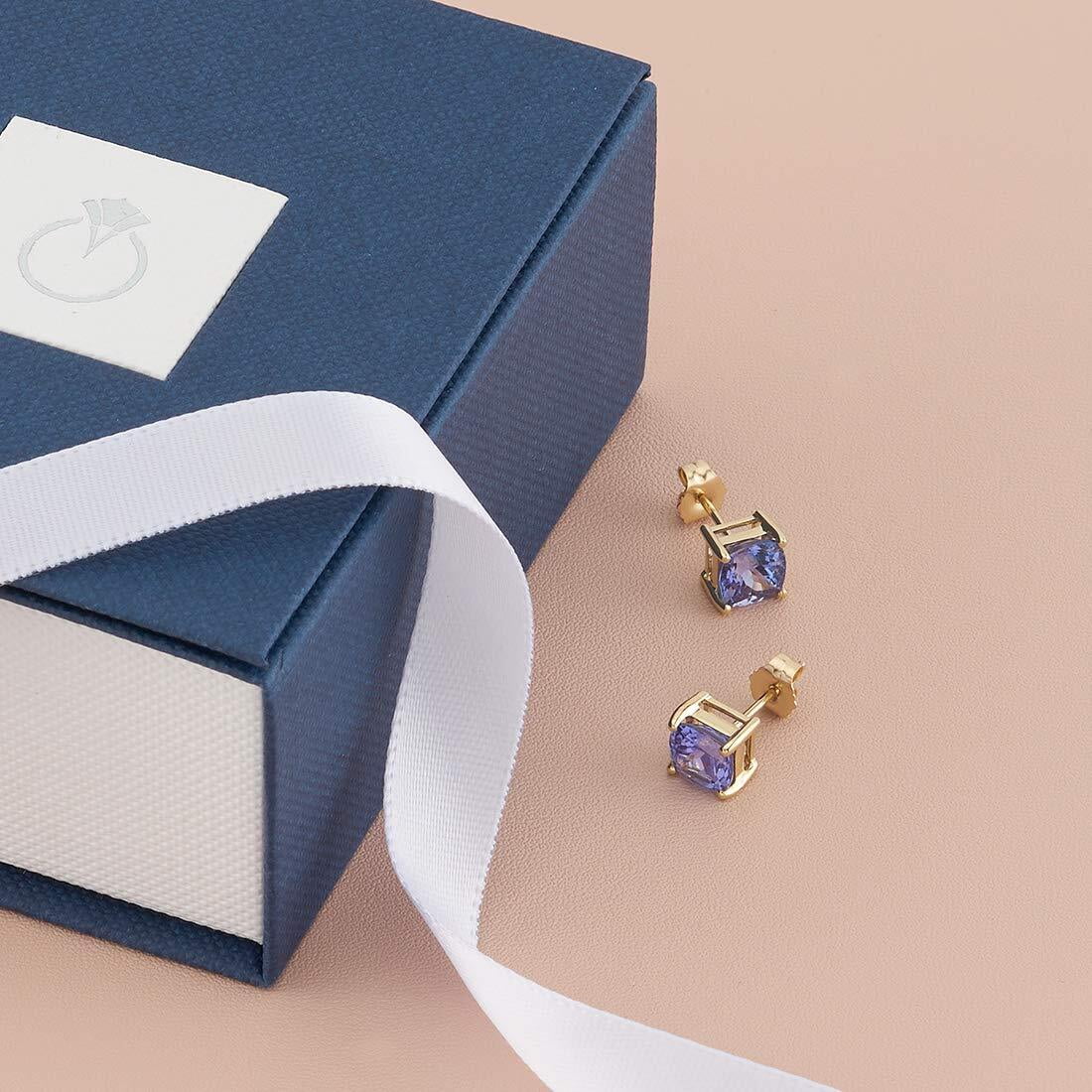 Peora Solid 14K Yellow Gold Tanzanite Stud Earrings for Women, Genuine Gemstone Solitaire, AAA Grade Cushion Cut 6mm, 2 Carats total, Friction Back