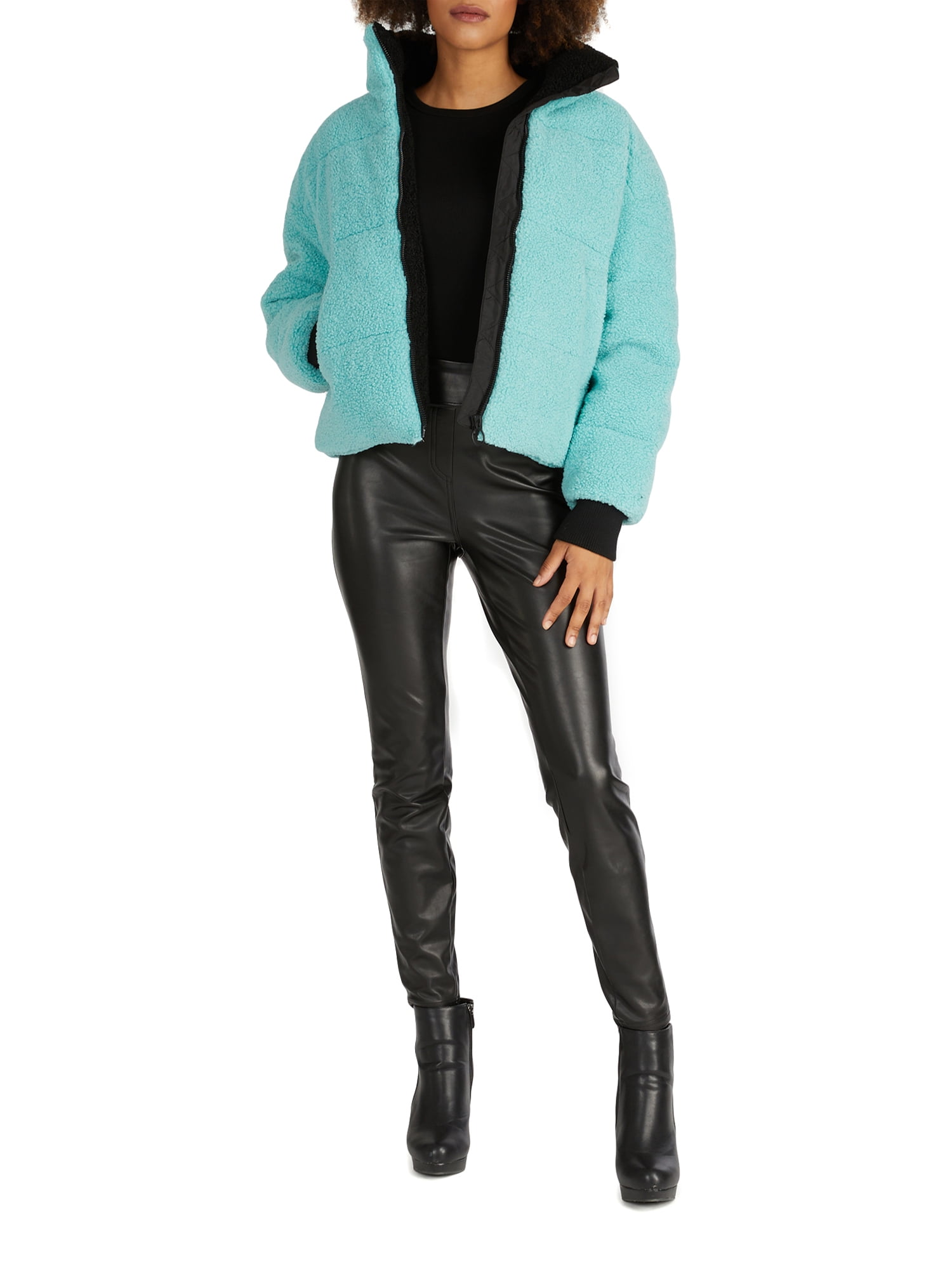 NVLT Cropped Berber Faux Down Puffer Jacket with Contrast Collar