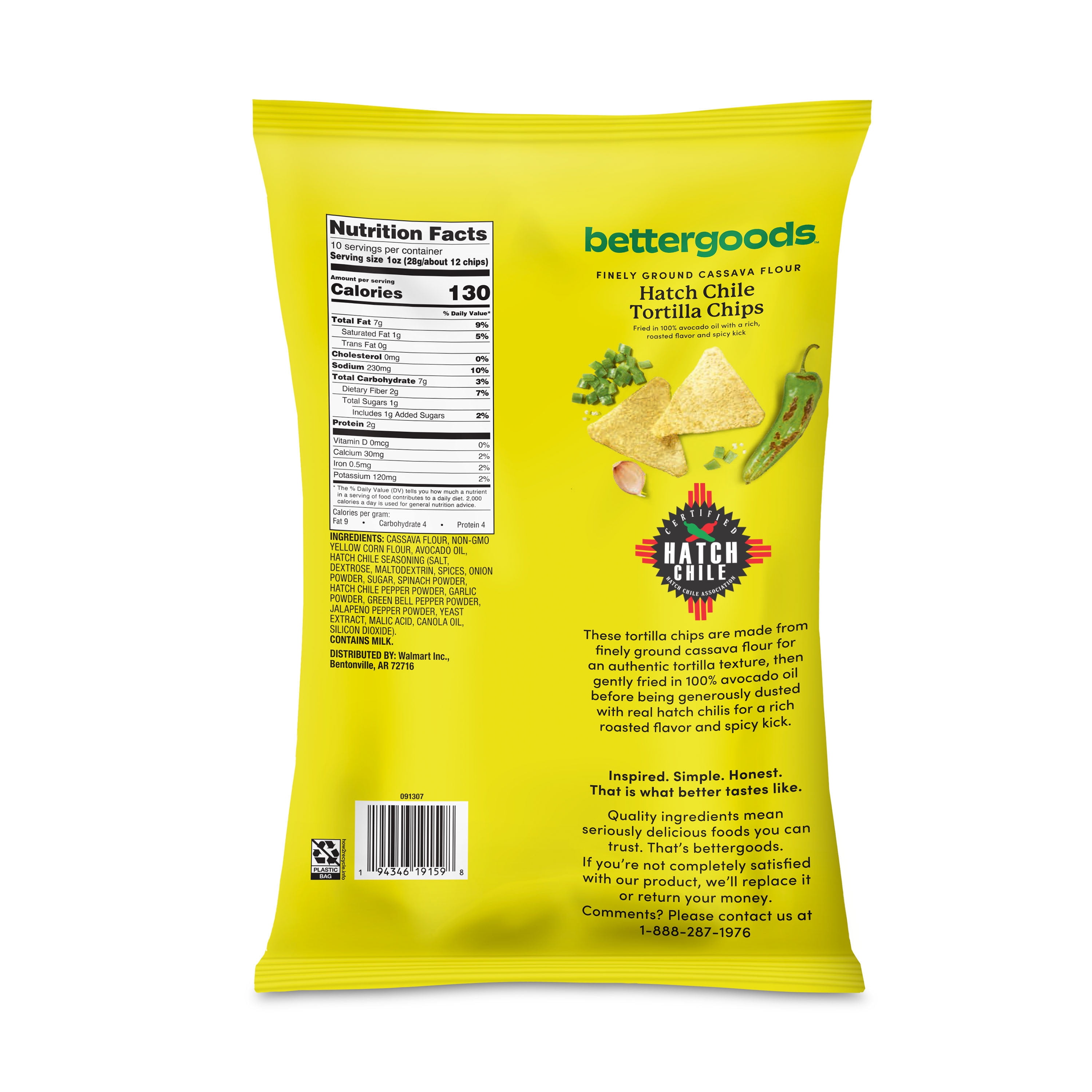 (4 pack) bettergoods Finely Ground Cassava Flour Hatch Chile Tortilla Chips, 10 oz