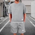 thumbnail image 4 of HAJWOH Men Two Piece Outfits Sets Waffle Knit Crew Neck Short Sleeve Shirts Elastic Waist Bermuda Shorts Set Tracksuit, 4 of 5