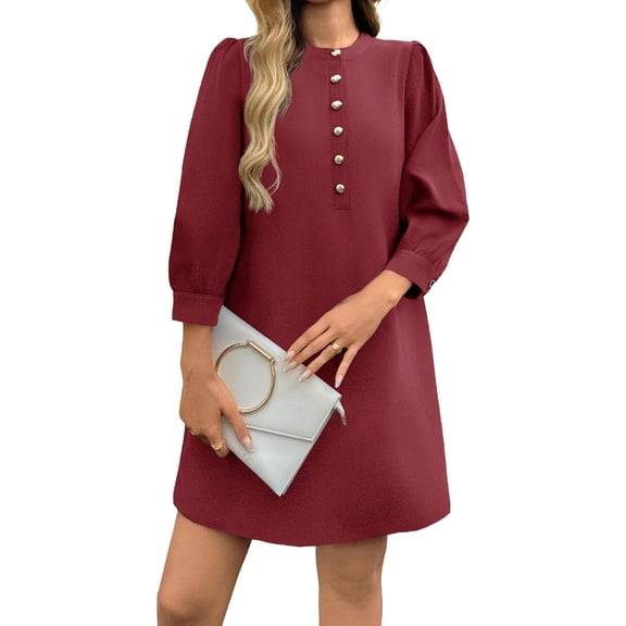 Solid Color Women 3/4 Sleeve Button Down Elegant Lady Dress