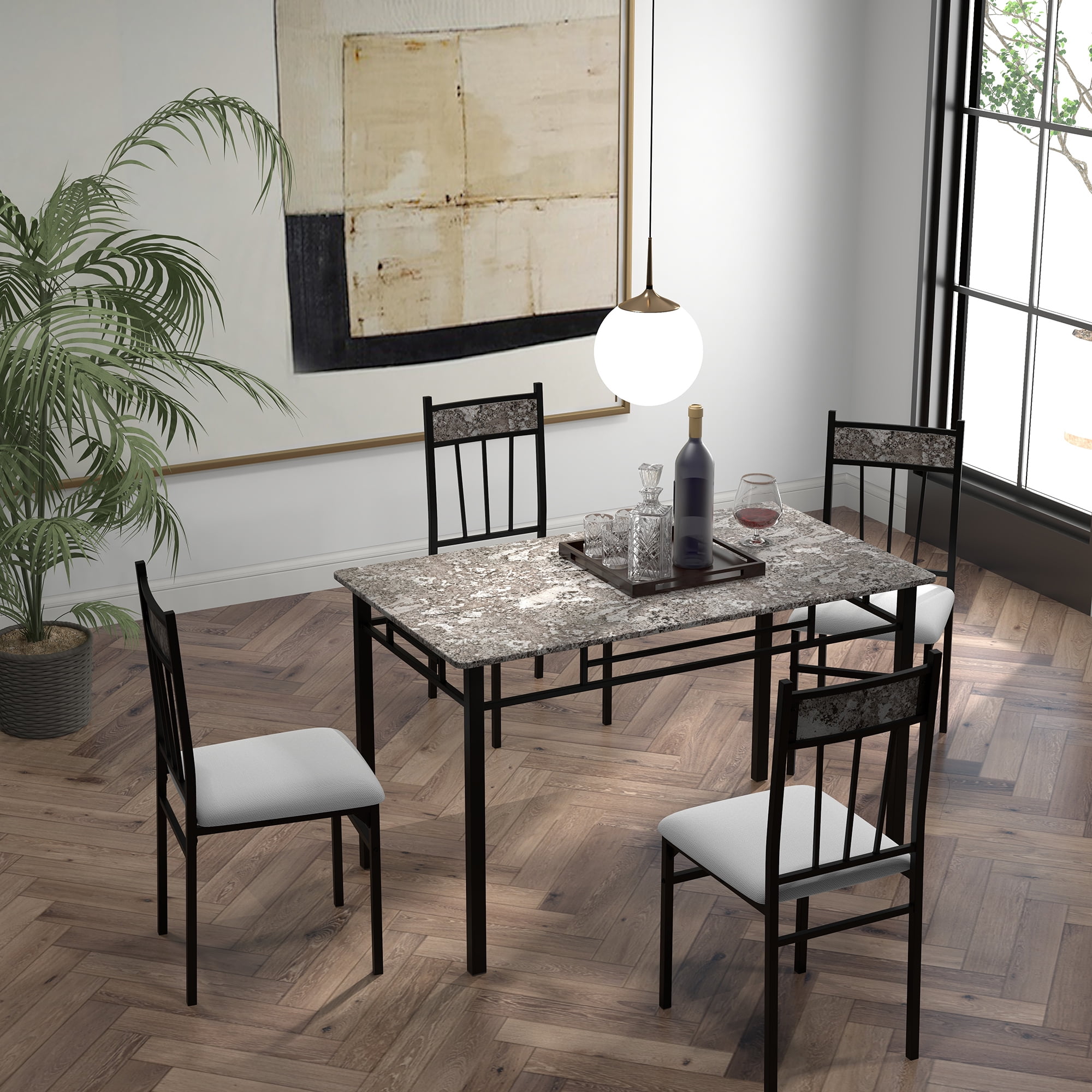 Costway 5 Piece Dining Set Faux Marble Top Table 30 and 4 Padded